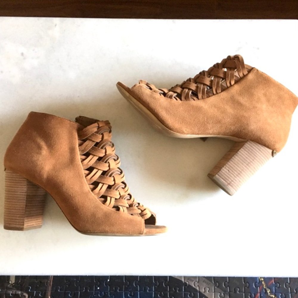 Michael Kors western suede peep toe ankle boots (tan / acorn) open toe shoes